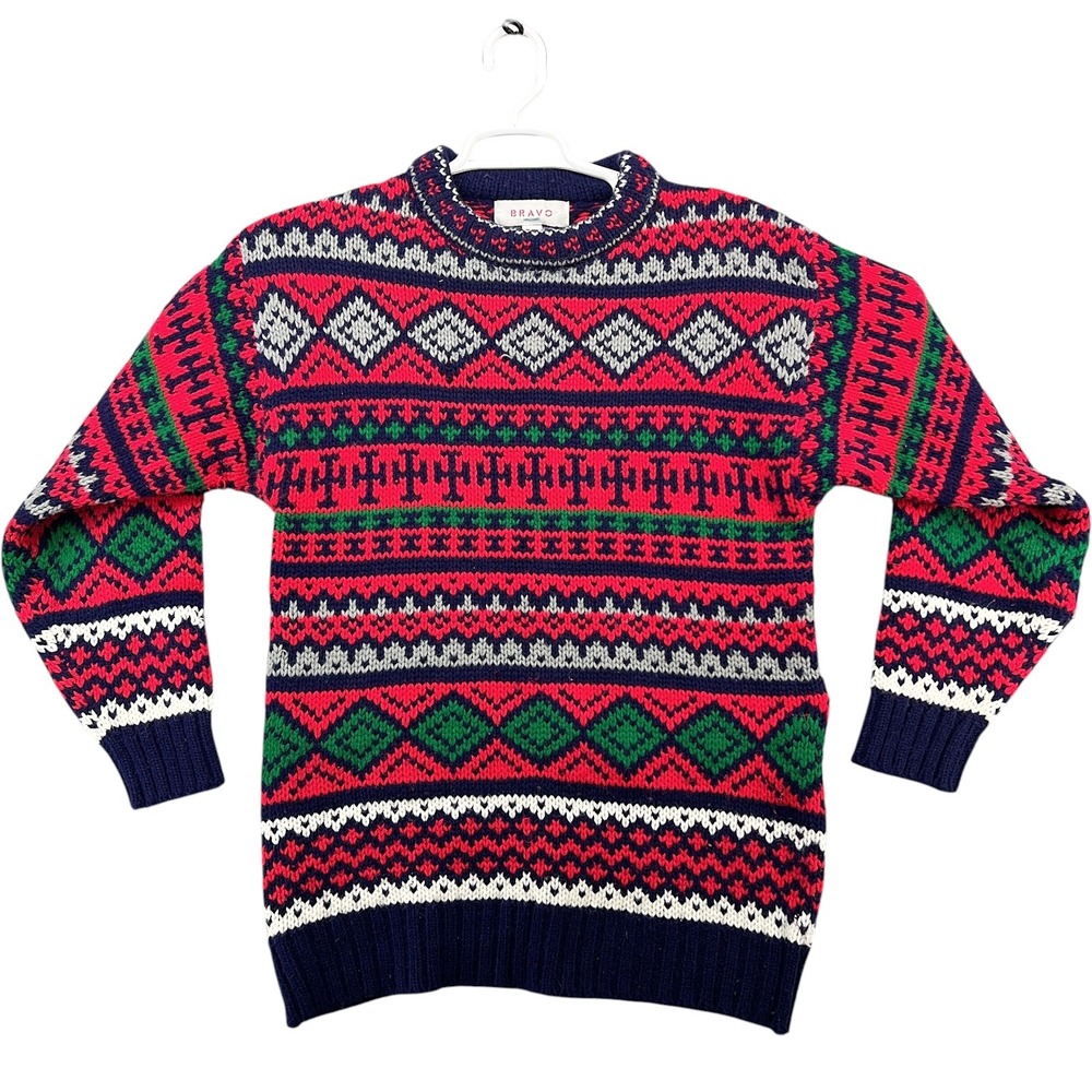 Bravo Handknits Fair Isle Sweater Mens Medium Red Navy Blue Acrylic Crew Neck